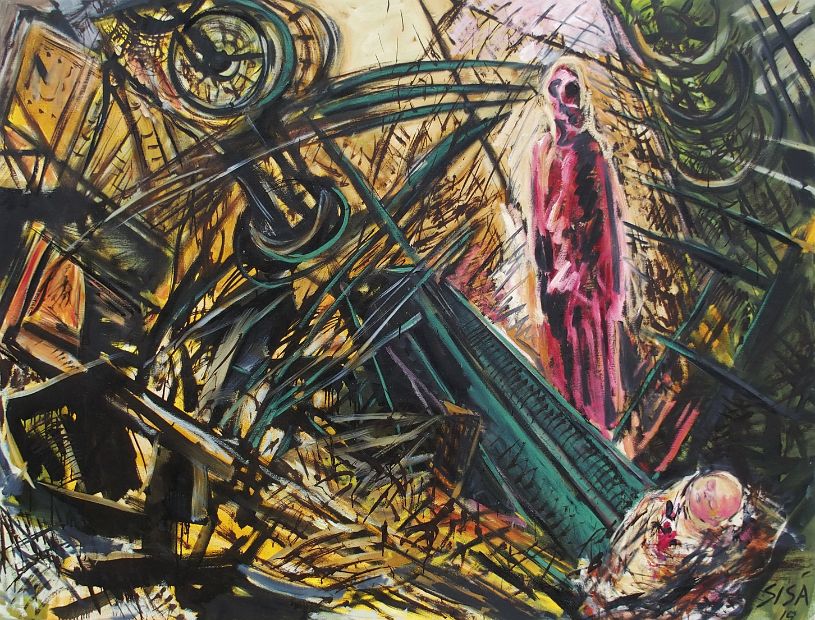 DER MENSCH - SCHÖPFER DER VERNICHTUNG, Öl auf Jute, 150 x 200 cm